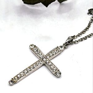 "5/$25" Silvertone Rhinestone Large Cross Pendant Chain Necklace